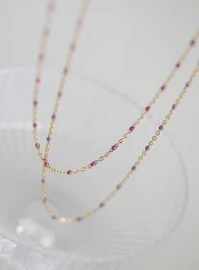 不褪色粉紫色滴釉彩色豆豆项链波西米亚圆珠链颈链脖链钛钢锁骨链