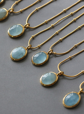 复古圆牌蛇骨链钛钢18k金海蓝宝