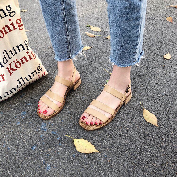 Summer Korea chic Simplicity Three bars woodiness Square ins With crude Sandals Middle heel Retro Sandy beach Women's Shoesin the Women's Shoes, Sandals  category - from Buy2taobao.com to provide professional Taobao agent buy service