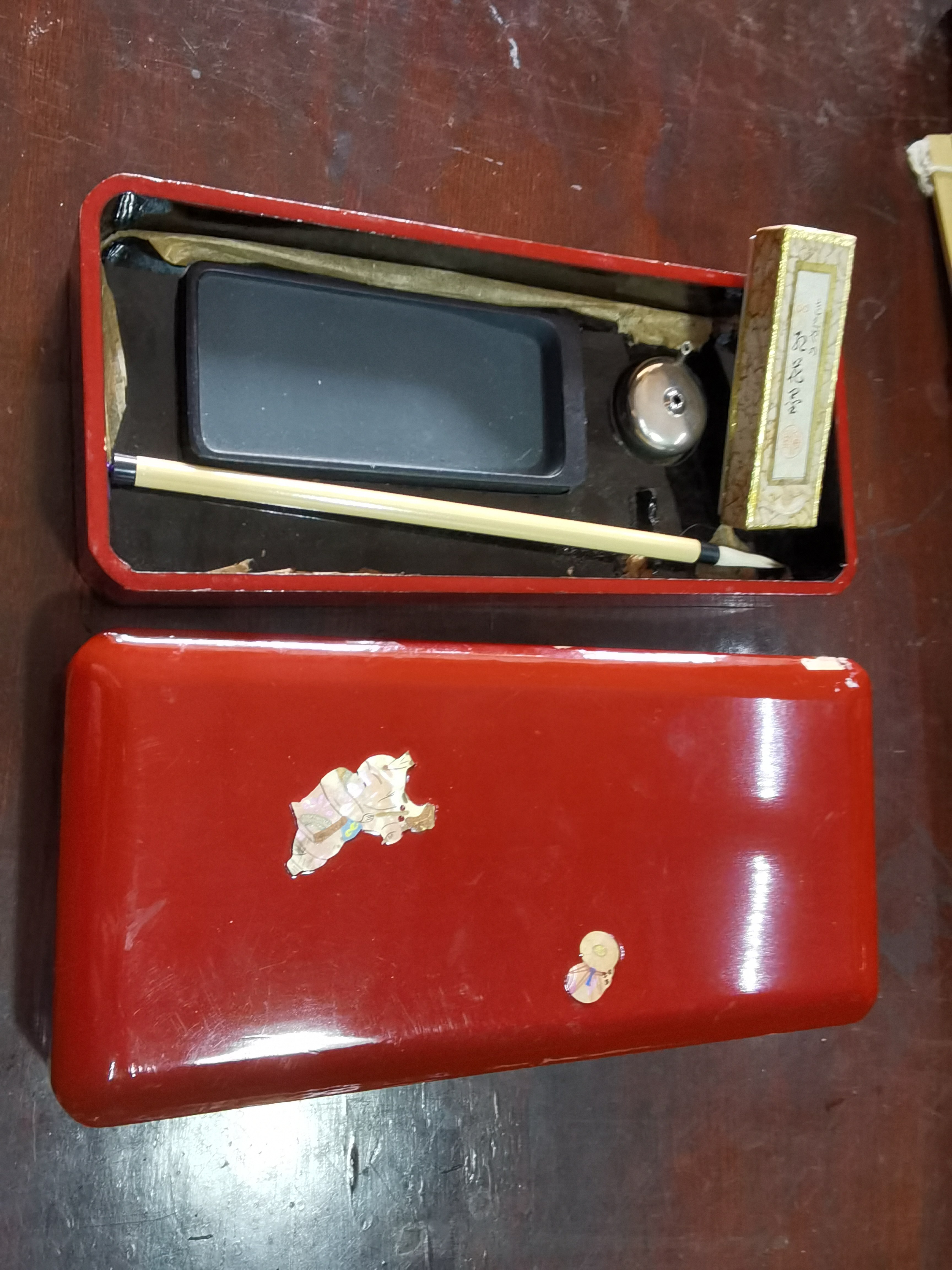 阅古斋日本实木大漆嵌螺钿文房四宝套装墨块砚台水滴毛笔书画包邮