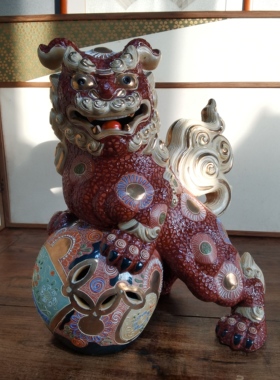 阅古斋日本九谷狮子彩瓷文房案头狮居家装饰摆件中古品文房狮包邮