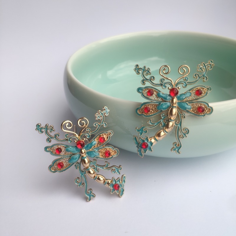 传统蜻蜓发钗古风仿点翠景泰蓝烧蓝U钗汉服旗袍发饰头饰发簪古典