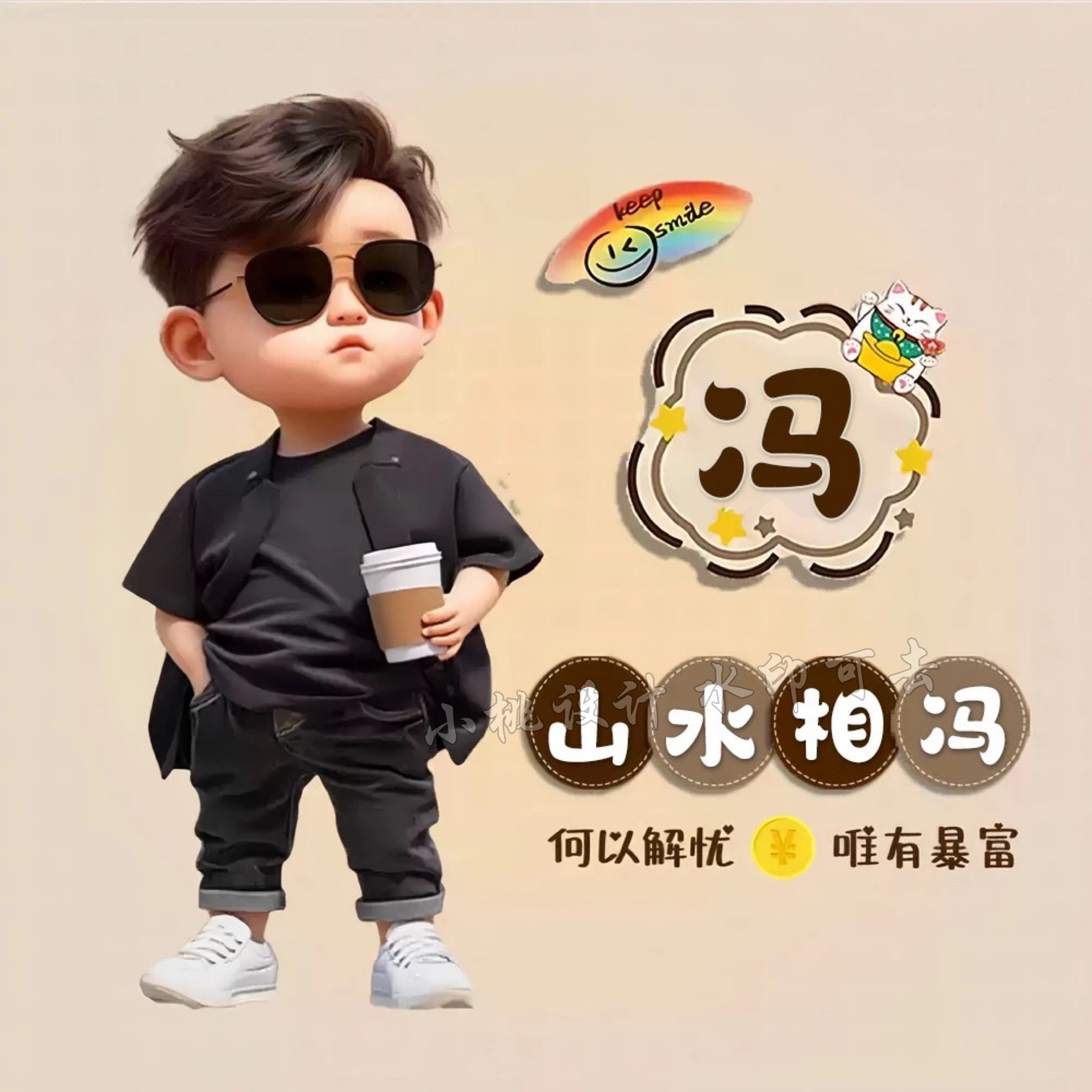 抖音直播同款可爱卡通姓氏情侣谐音梗微信头像背景图定制图片设计
