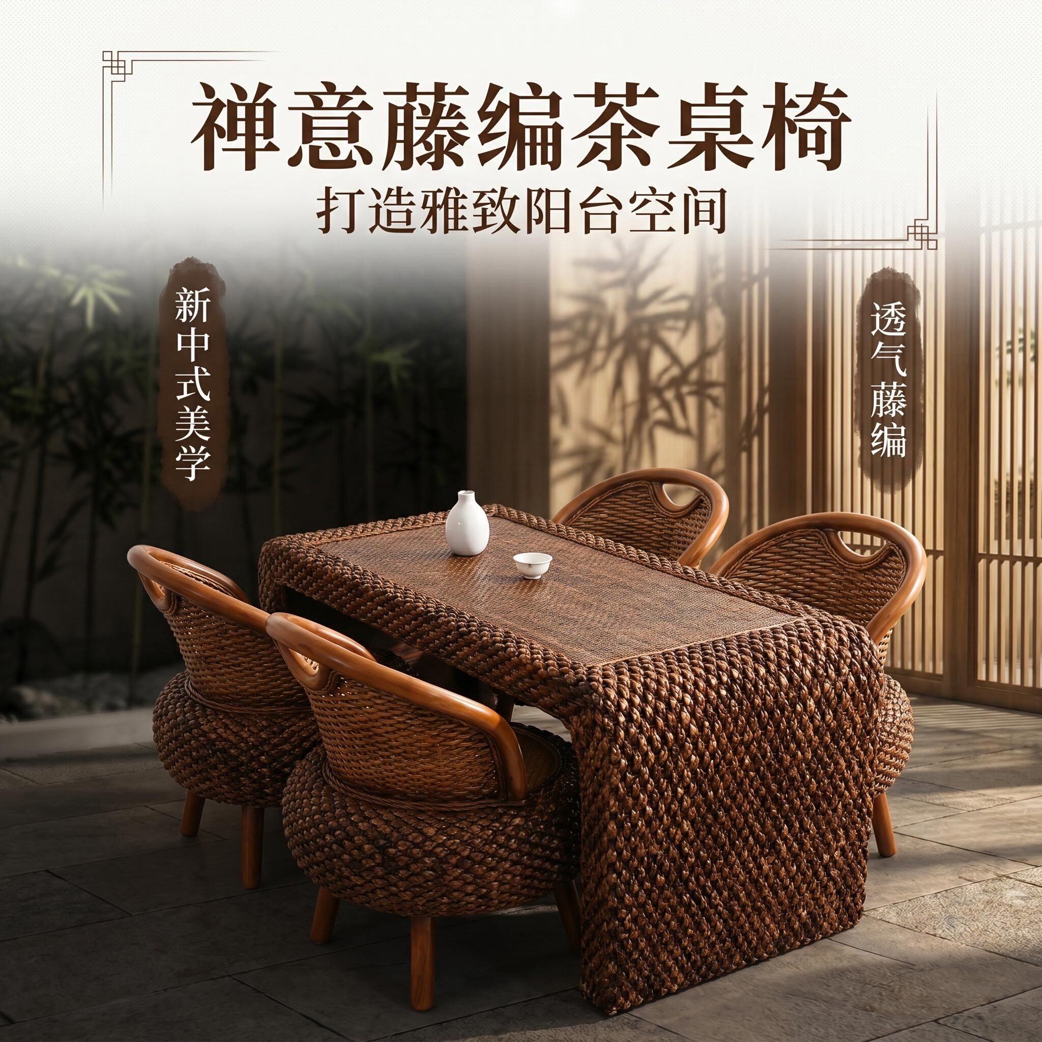纯手工编织茶桌新中式天然植物藤