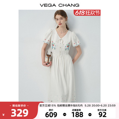 VEGACHANG法式V领泡泡袖连衣裙