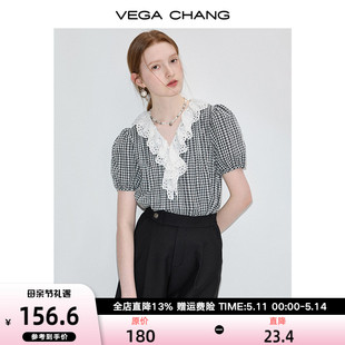 新款 VEGA 女2024年夏季 上衣 CHANG格纹衬衫 设计感蕾丝花边领短袖