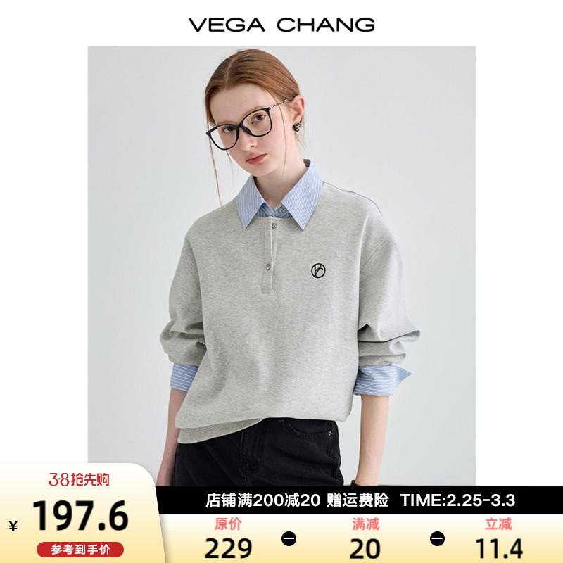 VEGA CHANG假两件卫衣女2024年春季新款拼接领学院风宽松长袖上衣