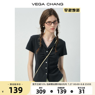 短款 夏季 V领收腰捏褶修身 上衣 开衫 CHANG短袖 VEGA 女t恤2025年新款