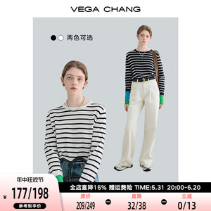 VEGA CHANG条纹T恤女2024春秋款小个子宽松显瘦简约圆领长袖上衣