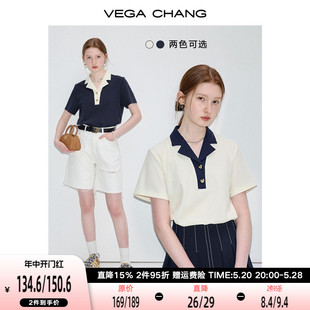 T恤女2024年夏季 新款 CHANG短袖 VEGA 复古时髦撞色POLO领正肩上衣