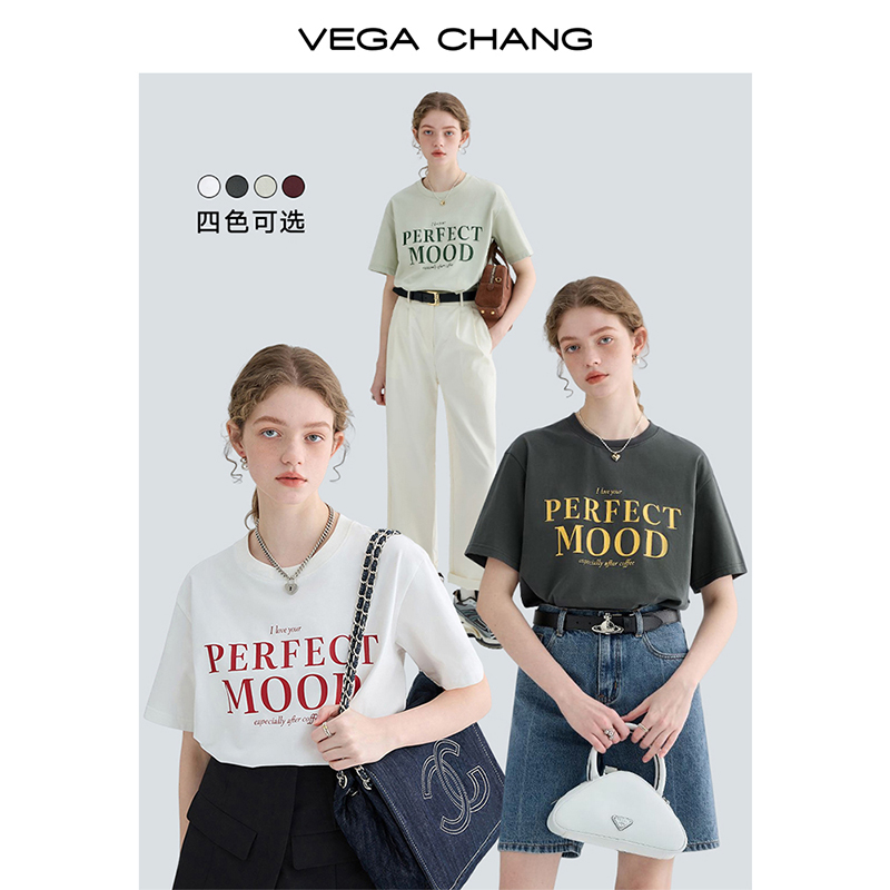 VEGA CHANG短袖t恤女夏装2023年新款设计感小众字母印花T恤上衣