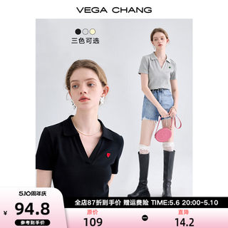 VEGA CHANG爱心针织t恤女2024夏款设计感polo领法式短袖提花上衣