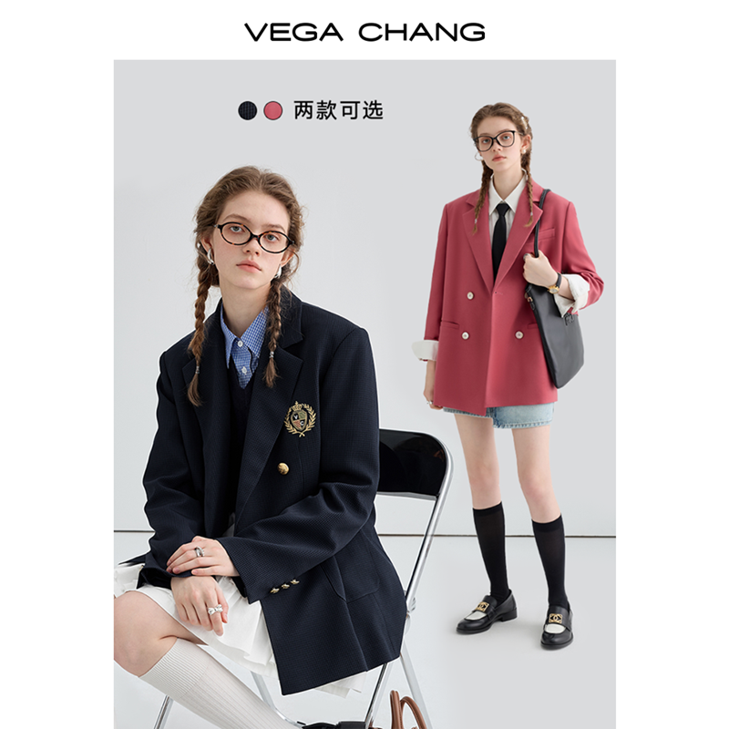 VEGA CHANG学院风西装女2024年春季新款千鸟格刺绣胸章西服上衣