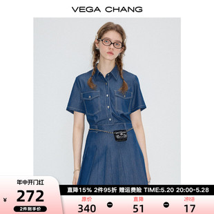 复古时尚 VEGA CHANG牛仔连衣裙女2024年夏季 新款 收腰显瘦百褶短裙