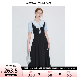 新款 法式 CHANG连衣裙女2024年夏季 VEGA 复古娃娃领假两件拼色长裙