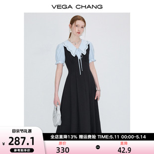 新款 法式 CHANG连衣裙女2024年夏季 VEGA 复古娃娃领假两件拼色长裙