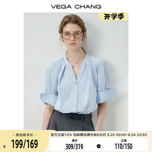 蓝色通勤V领宽松休闲法式 VEGA 女2025夏新款 CHANG短袖 上衣 衬衫