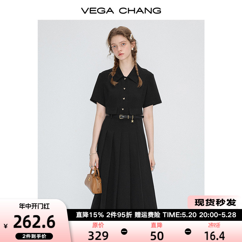 VEGA CHANG黑色连衣裙女2024年夏季新款设计感显瘦气质百褶衬衫裙-封面