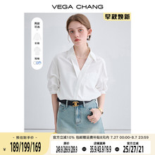 VEGA CHANG衬衫女25夏装新款休闲宽松法式小众上衣V领短袖白衬衣