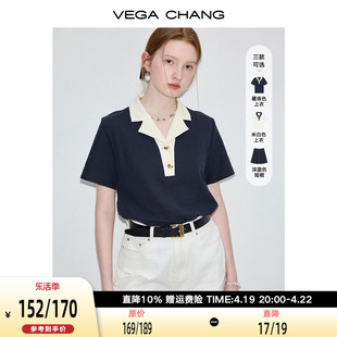 T恤女2024年夏季 新款 CHANG短袖 VEGA 复古时髦撞色POLO领正肩上衣