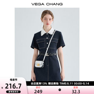 VEGA CHANG牛仔连衣裙夏季女2024年新款法式蕾丝娃娃领衬衫裙子