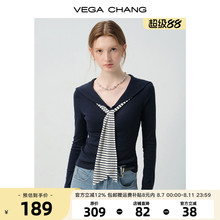 VEGA CHANG长袖T恤女2025新款秋季学院风海军领条纹飘带修身上衣