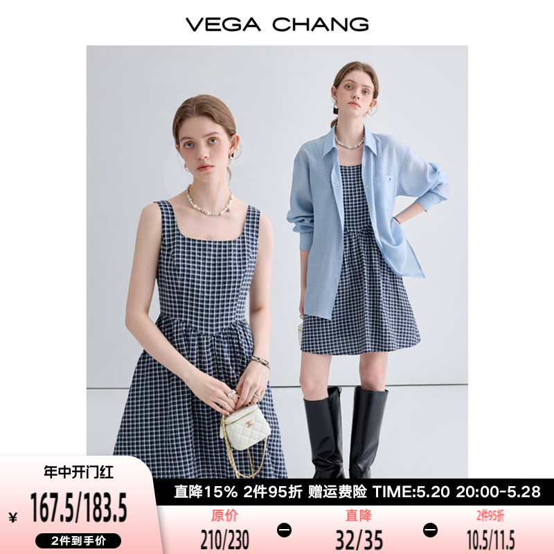 VEGA CHANG吊带连衣裙女2024年夏季新款小个子复古撞色格纹A字裙