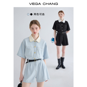 VEGA CHANG黑色连体短裤女夏2023年新款高级感娃娃领小个子连体衣