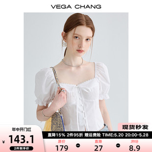 女2024夏季 新款 CHANG白色短袖 设计感小众显瘦泡泡袖 上衣 衬衫 VEGA