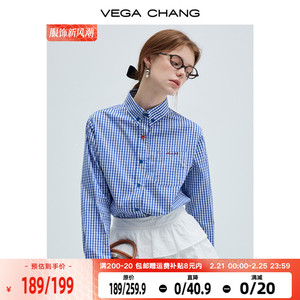 VEGA CHANG蓝色格子衬衫女2025年春季新款文艺复古miu系长袖上衣
