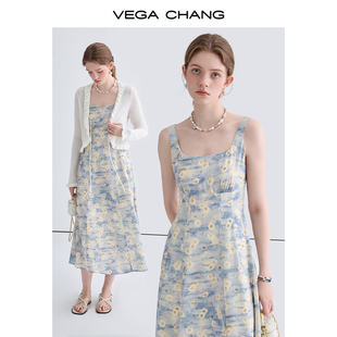 CHANG吊带连衣裙女2024年夏新款 VEGA 法式 小雏菊印花无袖 气质长裙