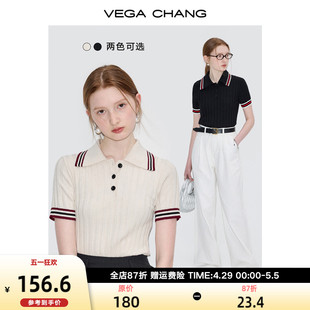 t恤女2024年夏季 新款 CHANG短袖 VEGA 撞色条纹复古POLO领针织上衣