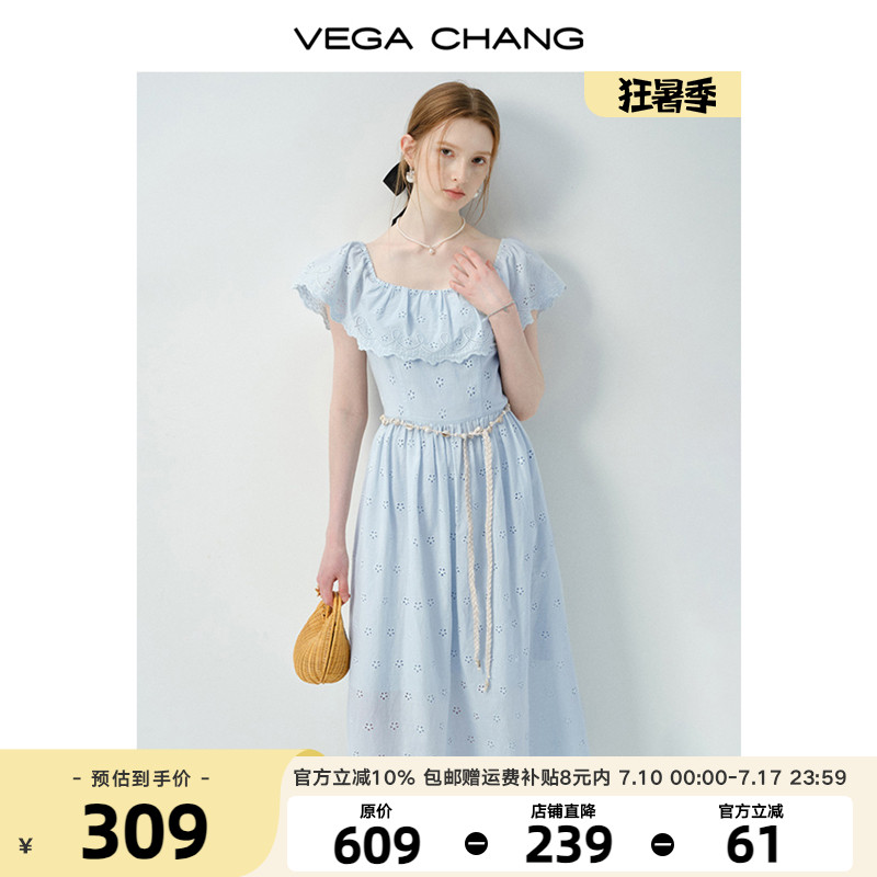 【現(xiàn)貨】短袖連衣裙女2025新款夏季法式荷葉邊方領(lǐng)鏤空繡花長裙