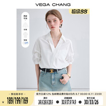 VEGA CHANG衬衫女25夏装新款休闲宽松法式小众上衣V领短袖白衬衣