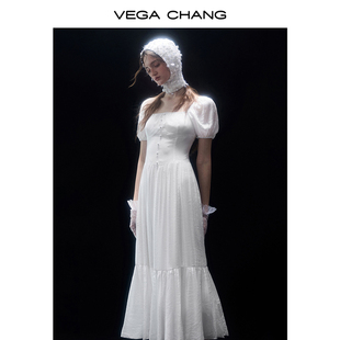 新款 VEGA 连衣裙女2024年夏季 方领小众气质泡泡袖 CHANG法式 长裙子