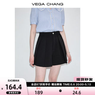 VEGA CHANG休闲裤女2024夏季新款小个子宽松高腰黑色百褶A字裤裙