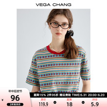 VEGA CHANG短袖T恤女2024夏季新款撞色彩色条纹休闲通勤圆领上衣