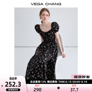 CHANG黑色碎花连衣裙女2024年夏季 VEGA 新款 收腰减龄法式 气质长裙