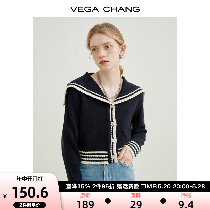 VEGA CHNAG海军领针织衫女春秋2024年新款复古短款设计感针织上