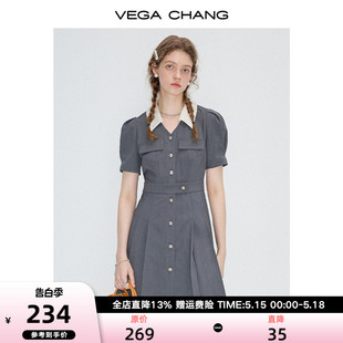 新款 显瘦气质泡泡袖 CHANG学院风连衣裙女2024年春季 VEGA 百褶裙子