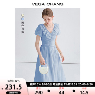 新款 VEGA CHANG法式 连衣裙女2024年夏季 设计感收腰显瘦花边领长裙