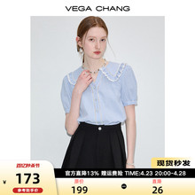 VEGA CHANG格子衬衫女2024年夏季新款设计感蓝白格娃娃领短袖上衣