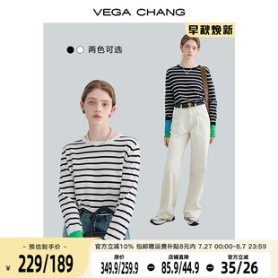 款 VEGA CHANG条纹T恤女2025秋季 上衣 宽松显瘦圆领长袖 棉 醋酸