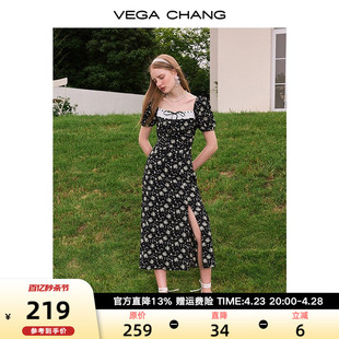 女装 法式 CHANG黑色碎花连衣裙夏2024新款 VEGA 小众小雏菊茶歇裙子