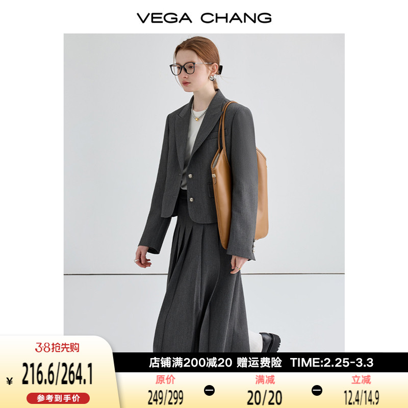 VEGA CHANG时尚套装女2024年春季新款通勤风垫肩短西装半裙两件套