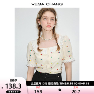 新款 VEGA 女2024年夏季 上衣 CHANG衬衫 小个子气质刺绣花边方领短袖