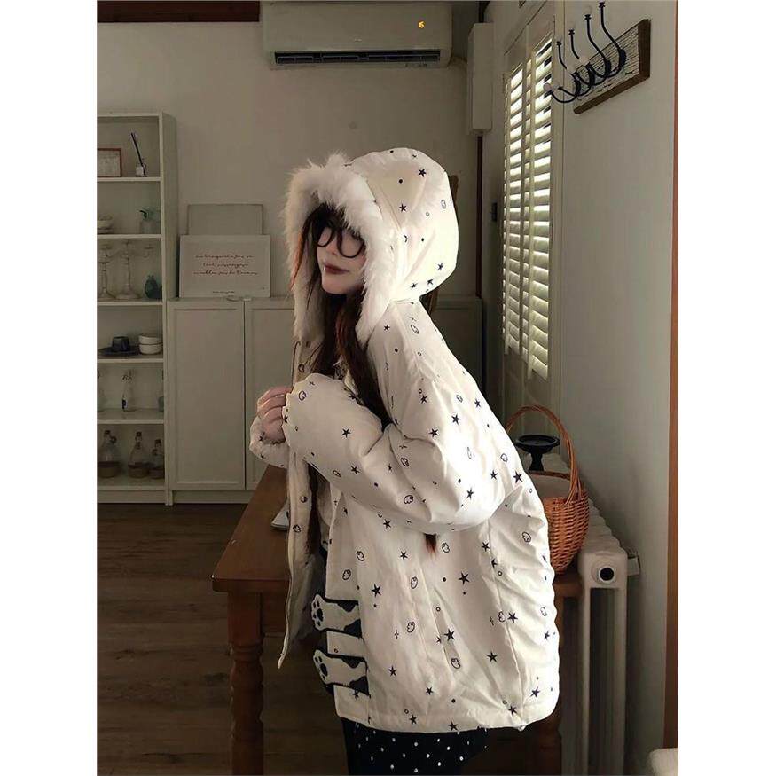 甜酷可爱学院风星星耳朵连帽棉服女2026新款冬季加厚保暖棉衣外套