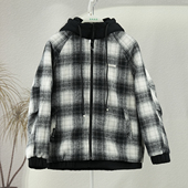 连帽假两件格子毛呢夹克男2025冬宽松潮流加绒外套格纹撞色派克服