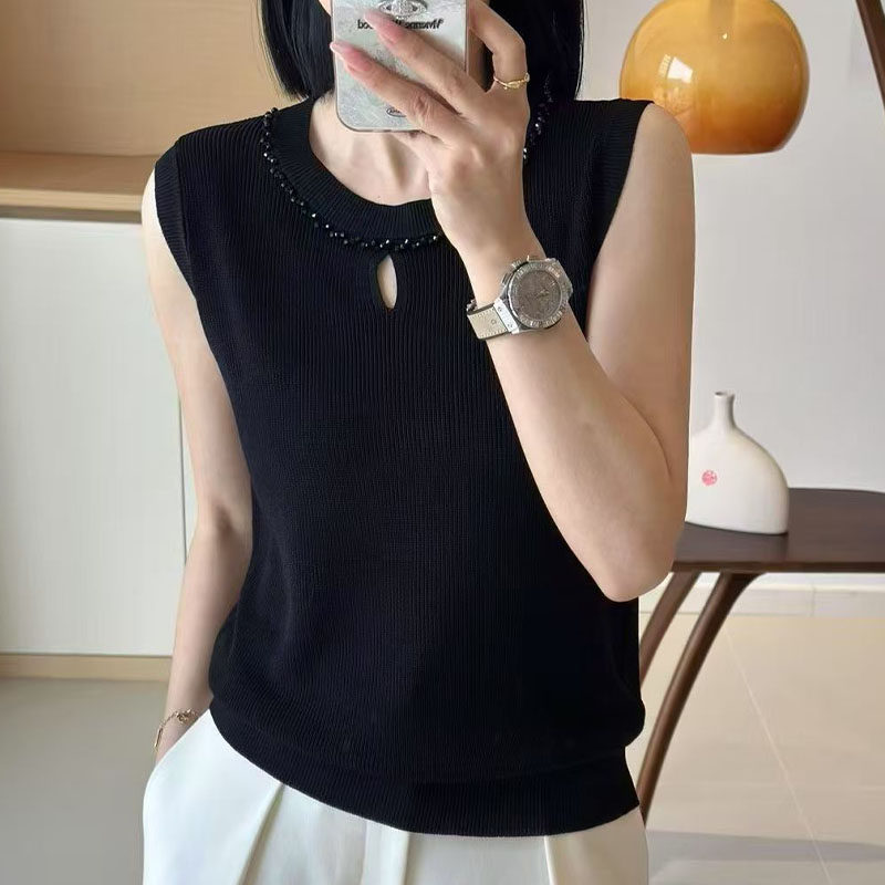 夏季桑蚕丝无袖丝背心女珍珠弹力修身百搭薄款透气外穿黑色打底衫