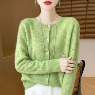 高级感100羊毛开衫女2025新款宽松镂空薄款外搭针织毛衣外套洋气